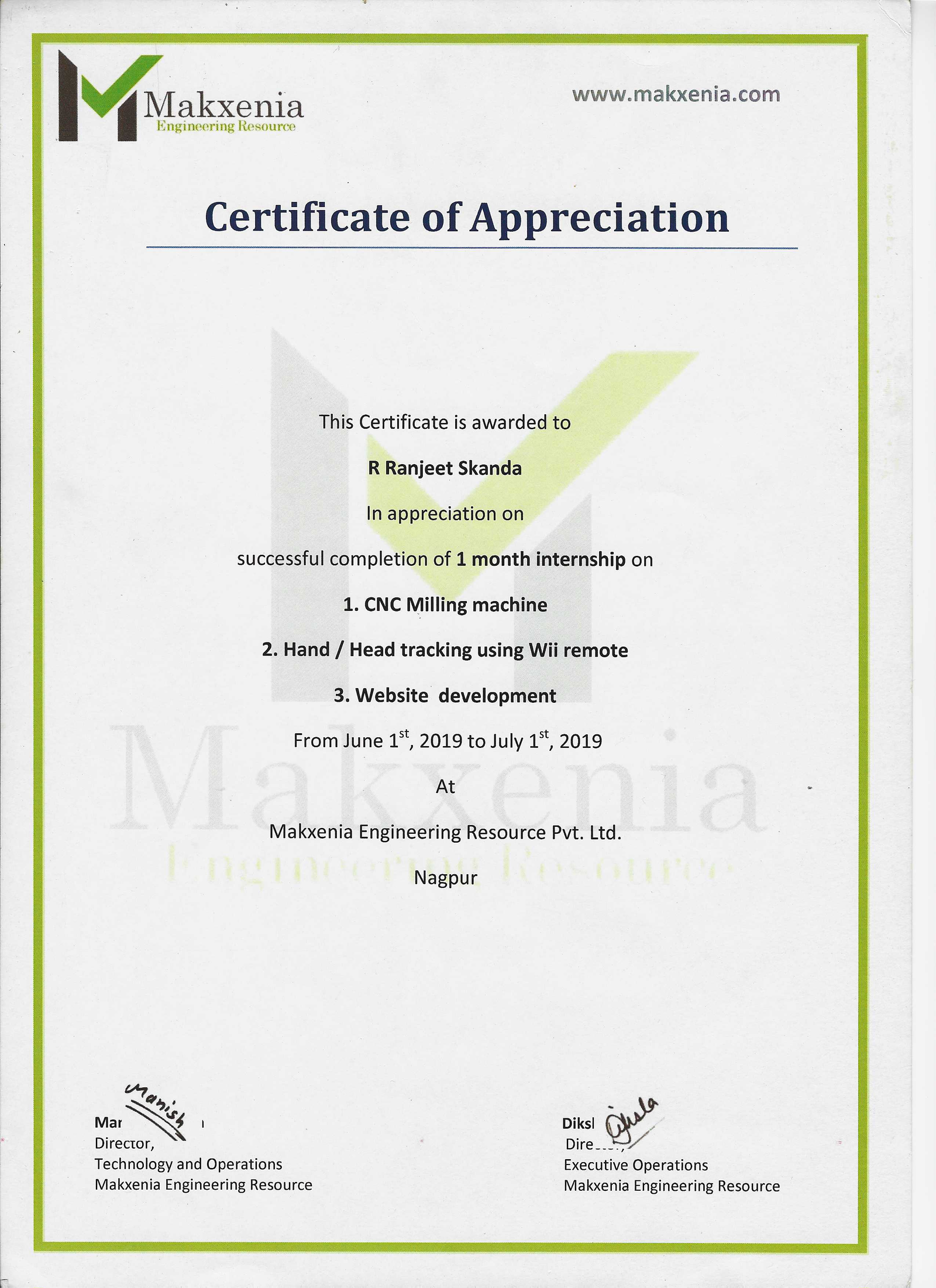 Technical internship certificate — Makxenia Engineering