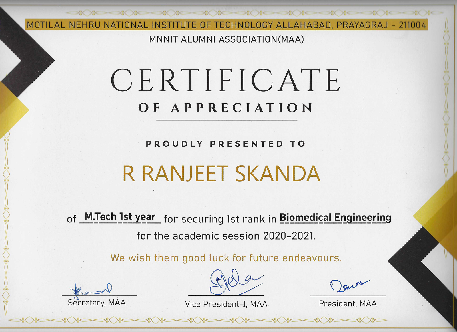 M.Tech Year I — 1st Rank certificate, MNNIT Allahabad