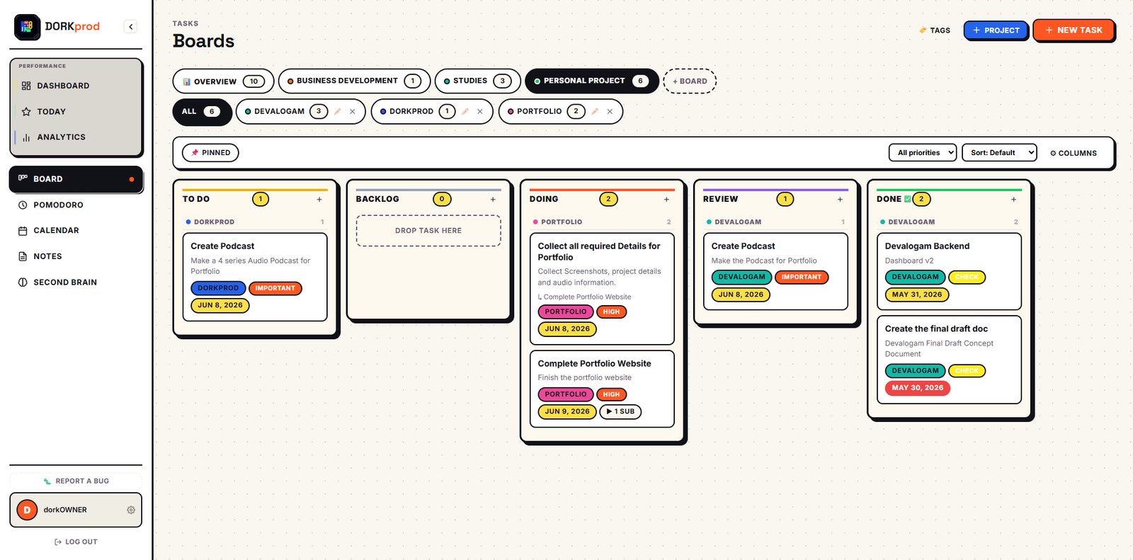 DORKprod — multi-board Kanban