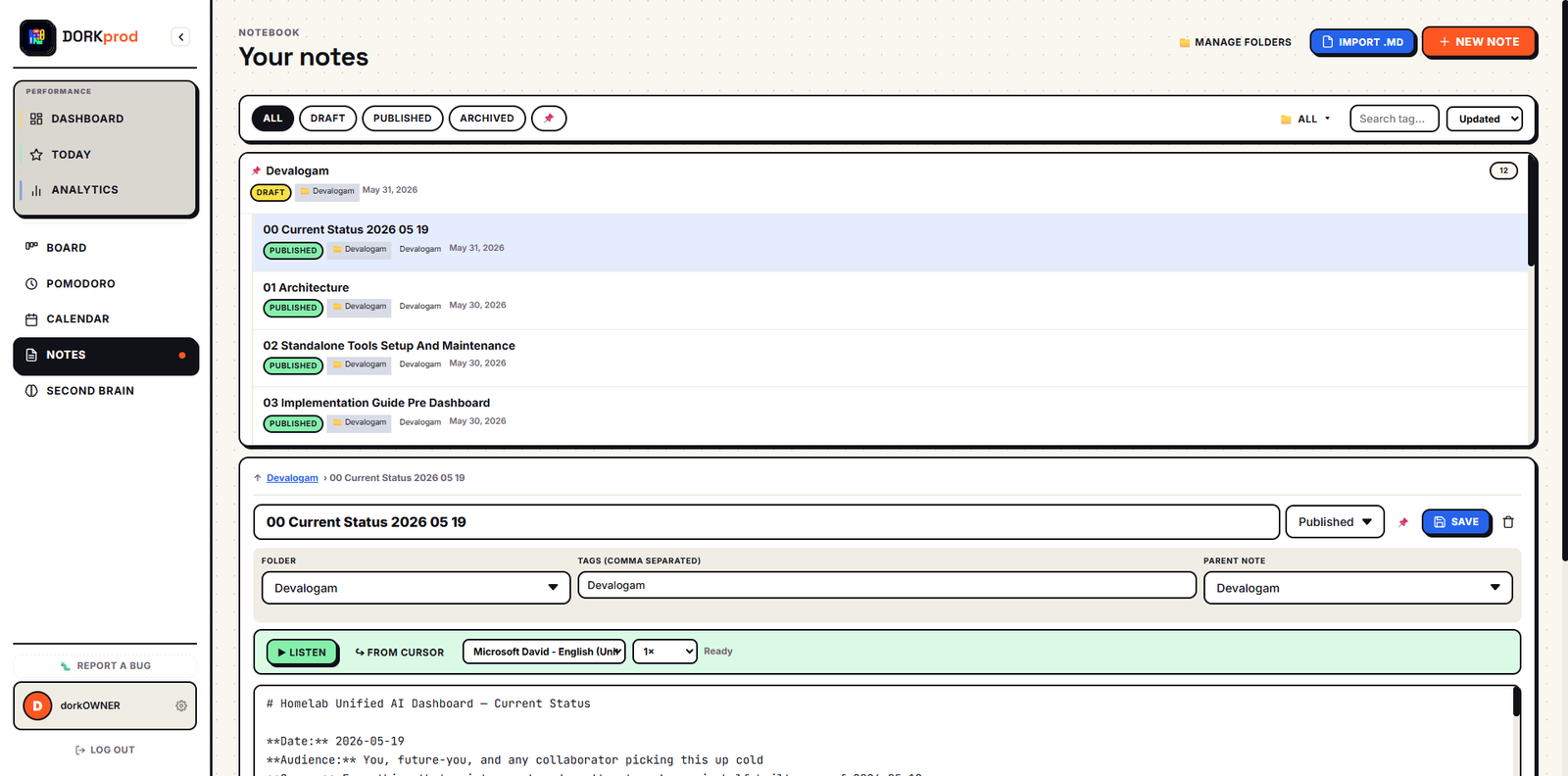 DORKprod — Notes markdown notebook with text-to-speech