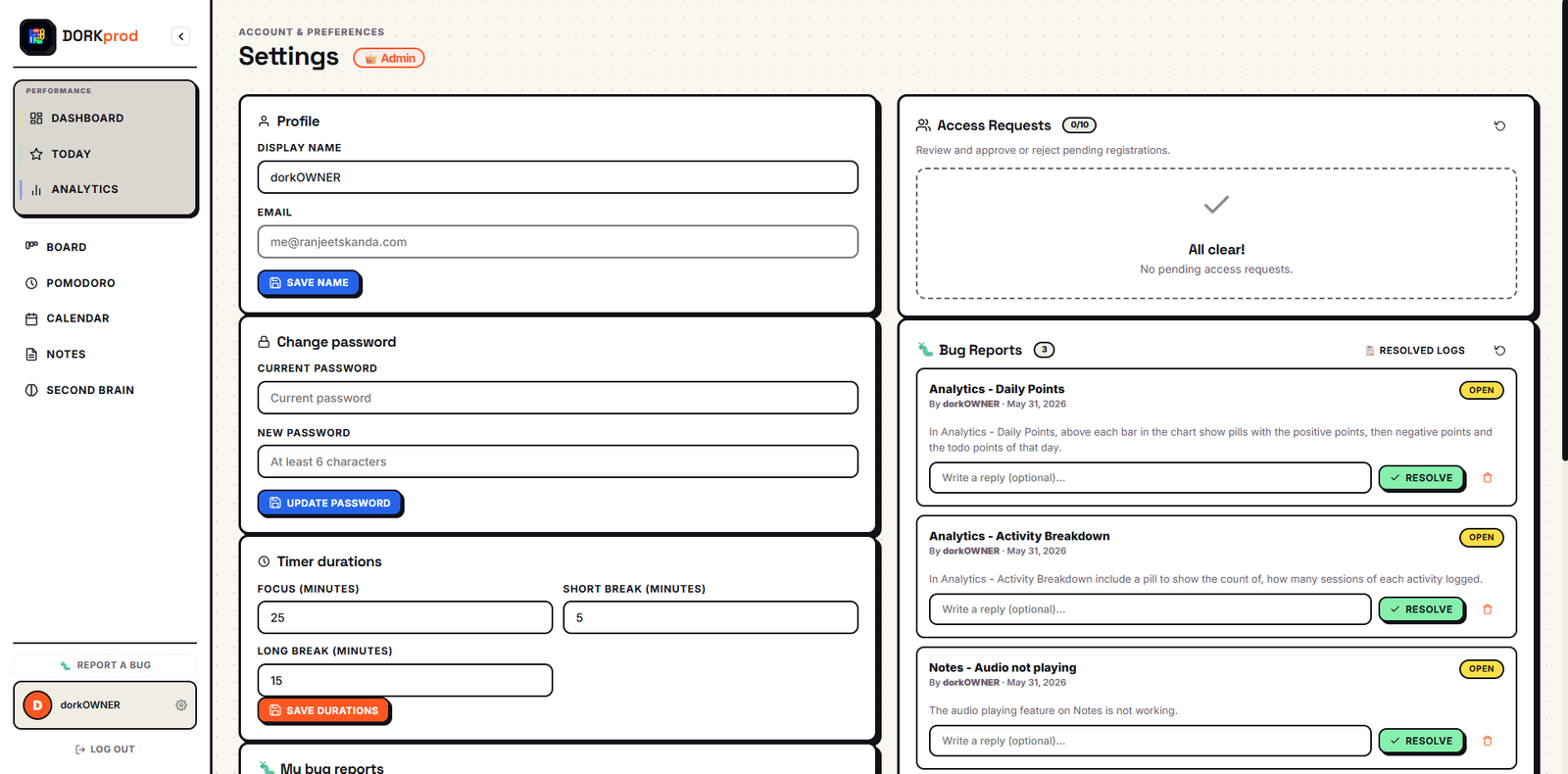 DORKprod — Settings and admin panel